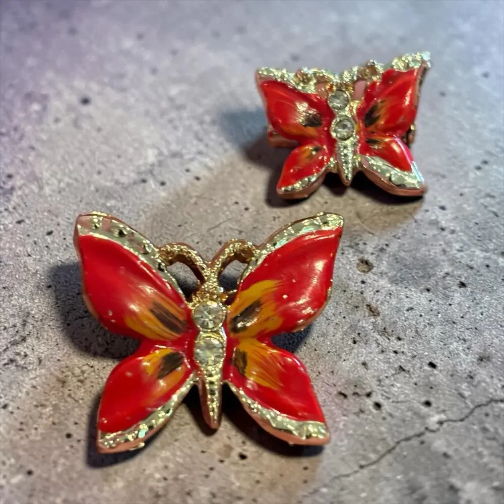 Vintage Red Enamel Butterfly Brooch Set Rhinestone Gold Tone Mother Daughter